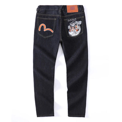 Japanese Handmade Embroidered Jeans Men's Pure Cotton Straight Tube Hip-Hop Popular Slim Red Ears Show Thin Trousers Devil Big M