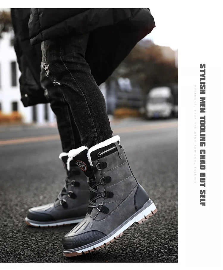 Fashion Men's Winter Boots Warm Fur High-top Snow Boots Men Waterproof Leather Platform Boots Outdoor Non-slip Men Winter Shoes