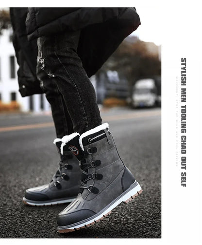 Fashion Men's Winter Boots Warm Fur High-top Snow Boots Men Waterproof Leather Platform Boots Outdoor Non-slip Men Winter Shoes
