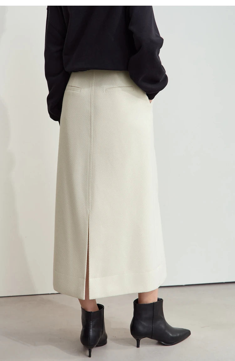 Minimalism Women's Elegant Commuter Skirts with Velvet Belt 2024 Winter Twill Fabric Warm Slit Straight Midi Skirt 12444183