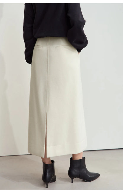 Minimalism Women's Elegant Commuter Skirts with Velvet Belt 2024 Winter Twill Fabric Warm Slit Straight Midi Skirt 12444183