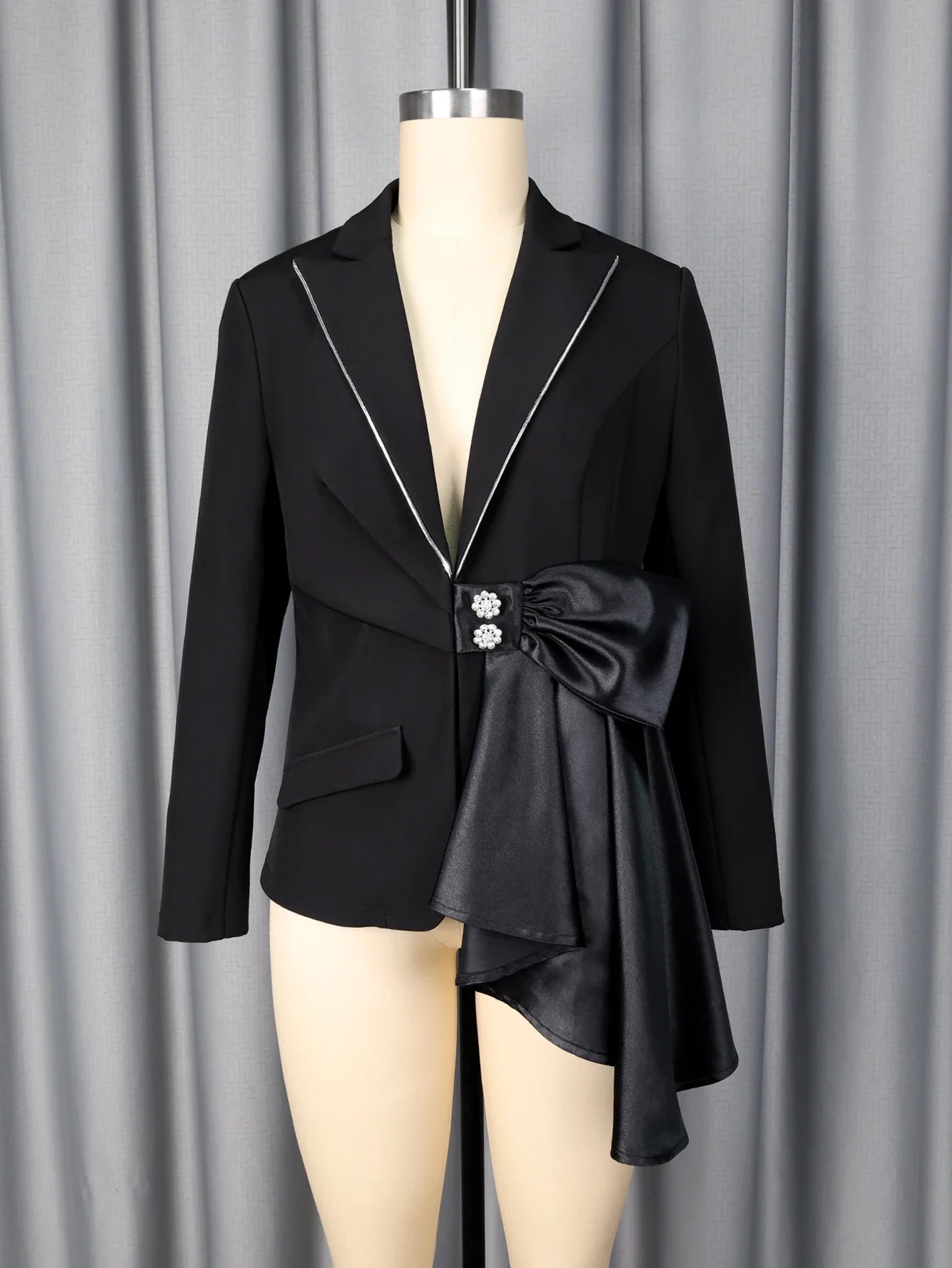 Elegant Black Blazer for Women with Satin Bow Detail and Diamond Button Stylish Formal Special Occasions and Evening Events Suit