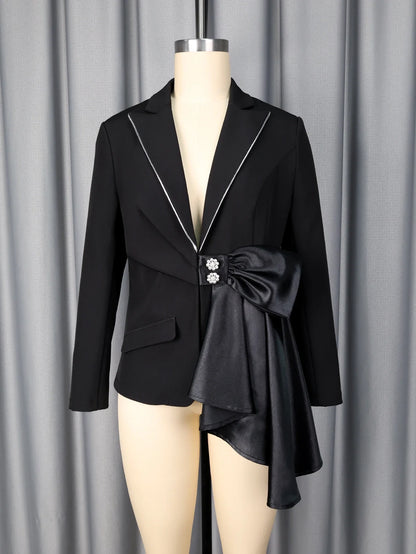 Elegant Black Blazer for Women with Satin Bow Detail and Diamond Button Stylish Formal Special Occasions and Evening Events Suit