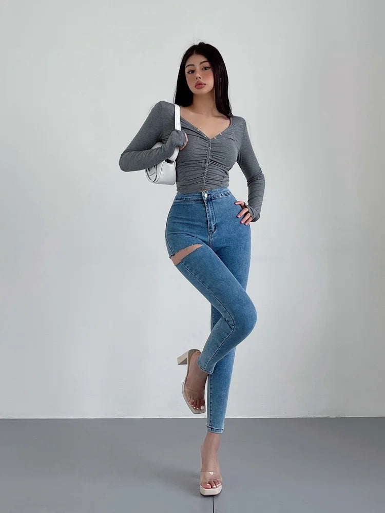American Spicy Girls Sexy Hole Jeans Slim High Waist Elastic Feet Pencil Pants Trousers Fashion Women BOF8