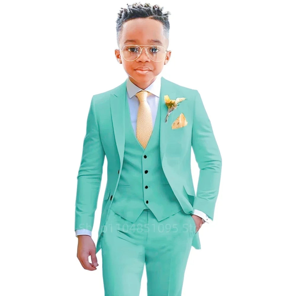 Stylish Boys Suit Wedding Tuxedo Solid Peak Lapel Jacket Vest Pants Party Prom 3 Piece Set Kids Formal Outfit 2-18 Years Old