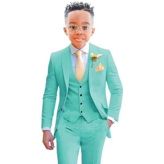 Stylish Boys Suit Wedding Tuxedo Solid Peak Lapel Jacket Vest Pants Party Prom 3 Piece Set Kids Formal Outfit 2-18 Years Old