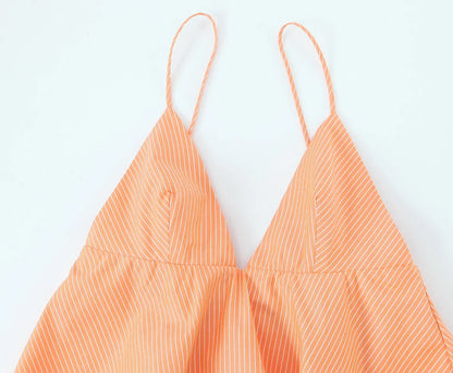 Women Summer Orange Striped Backless Zipper Mini Dress Thin Straps V-Neck Female Chic Lady Dresses Vestidos Para Mujer