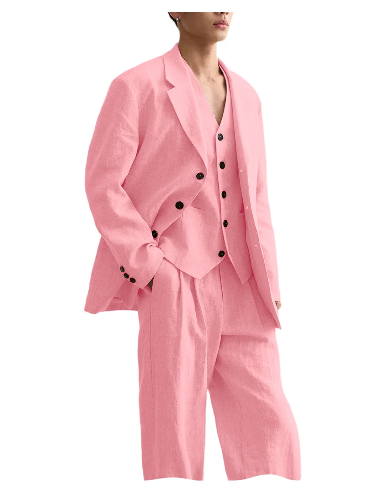 Men's Linen Suit Classic Notch Lapel 3 piece(Blazer+Vest+Pants)Breathable Wide Leg Trousers for Groom Spring Summer Party