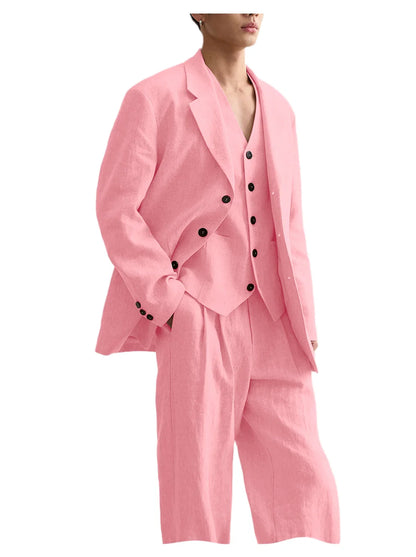 Men's Linen Suit Classic Notch Lapel 3 piece(Blazer+Vest+Pants)Breathable Wide Leg Trousers for Groom Spring Summer Party