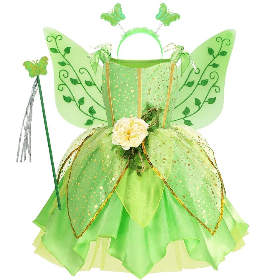 Girls Green Elf Dress Princess Dress Up Children Fairy Dress Halloween Cosplay Beauty Flower Fairy Costume Party Clothing