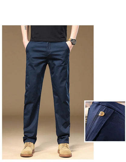 97% Cotton Cargo Style Casual Pants Men's Splicing Straight Fashion Elastic Business Trousers Spring Autumn Male Clothes Pants
