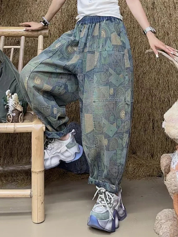 Printed Spring Patchwork Womens 2025 Harem Trousers Vintage Females Fashion Loose Leisure Denim Pants Classic Jeans