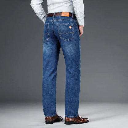 2024 autumn spring fitted straight stretch denim jeans classic style badge youth men's business casual jeans trousers