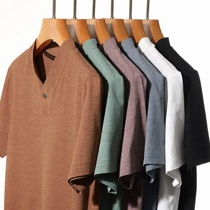 2026 Korean Style Men's Casual and Fashionable One Button V-neck Solid Color Short Sleeved T-shirt Summer Versatile Top