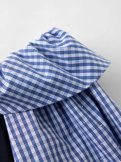 2026 Spring Women's Off-Shoulder Blue Gingham Blouse - Elegant Ruffled Lapel Long Sleeve Top for Office Commute