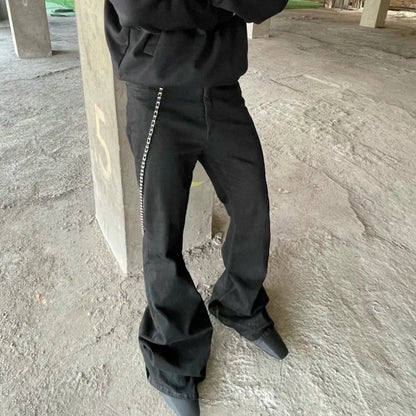 Style Ribbons slightly Stretch Baggy Flared Jeans for Men High Street Black Color Boom Cut Oversized Casual Denim Trousers