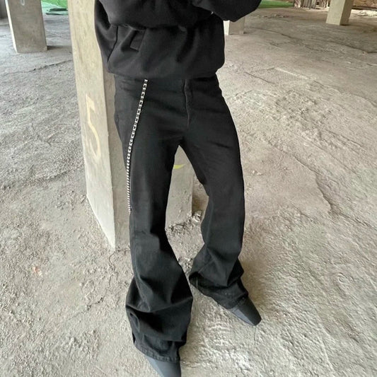 Style Ribbons slightly Stretch Baggy Flared Jeans for Men High Street Black Color Boom Cut Oversized Casual Denim Trousers