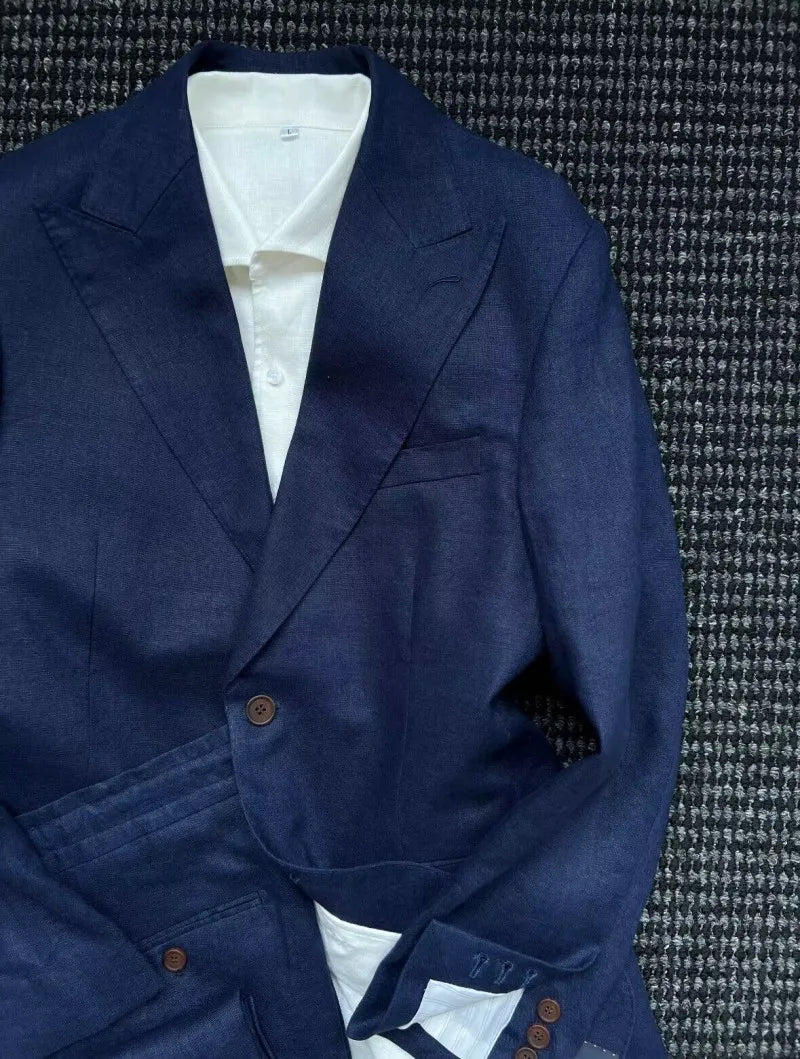 British Style Mens Linen Thin Suit Sets Slim Single Breasted Retro Blazers Pant Outfits Spring Summer Male Coat Two-Piece Set