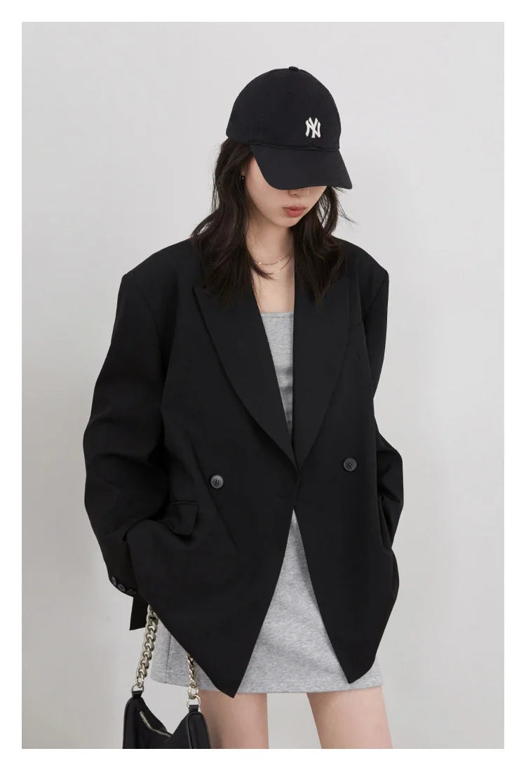 Women Blazers Solid Loose Double-breasted Wide Shoulder Office Ladies Suit Jacket Oversized Coat Spring Autumn 2026
