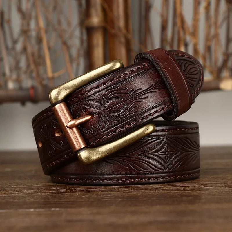 3.8CM Pure Cowhide Genuine Leather Retro Fashion Personality Embossed Belts for Men Luxury Brand Design Male Copper Buckle Belts