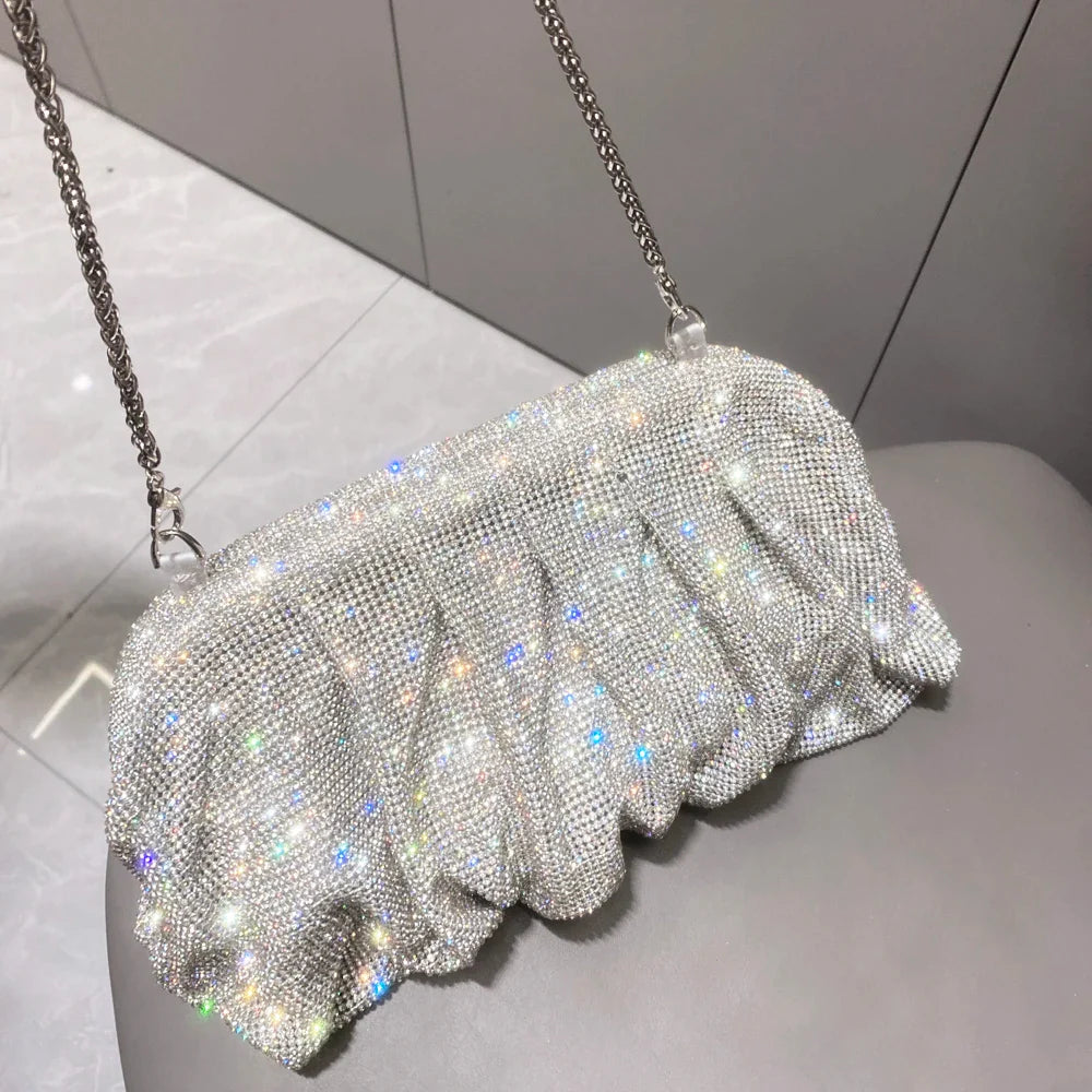 Shiny Handle Rhinestones Handmade Evening Clutch Bags New Folds Purses And Handbags Luxury Designer Wedding Party High Quality