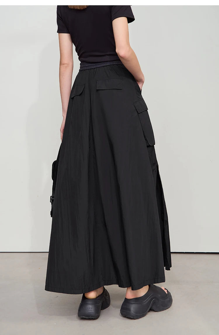 Vacation Long Skirt 2025 Summer Women Loose Sun Protection Office Lady Solid Pockets Elastic Waist Cord Slit Skirt 12542106