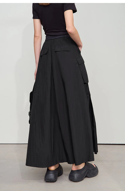 Vacation Long Skirt 2025 Summer Women Loose Sun Protection Office Lady Solid Pockets Elastic Waist Cord Slit Skirt 12542106