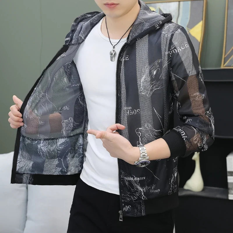 Men's Summer Mesh Sun Protection Clothing Trendy Stripe Print Ice Silk Cool Feeling Breathable Quick Dry Hooded Jacket