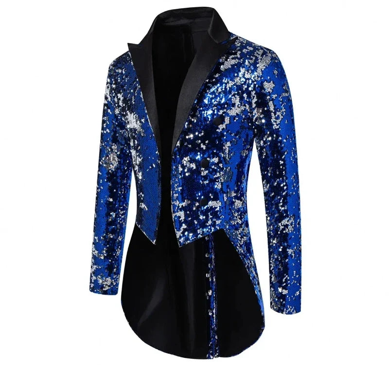 Red Men's Metallic Shiny Sequins Tuxedo, Performance,Party,Stage Performance Dress Coat,Fashion Long Cardigan Suit Jacket,S-XXL