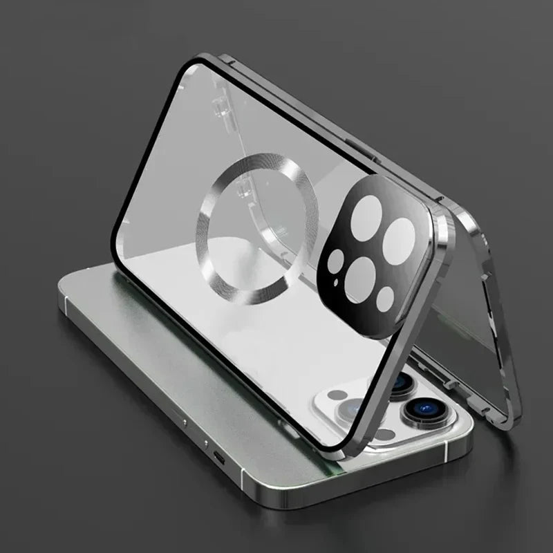 Metal Magnetic Case For Magsafe iPhone 17 Pro Max 16 15 14 13 12 Pro Max Plus Lens Protection Double Sided Glass Snap Lock Cover