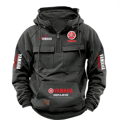 2026 New YAMAHA logo  Motorcycle Racing Race Retro Velvet Half Zipper Hoodie Men's Multi Pocket Autumn/Winter Casual Sweatshirt