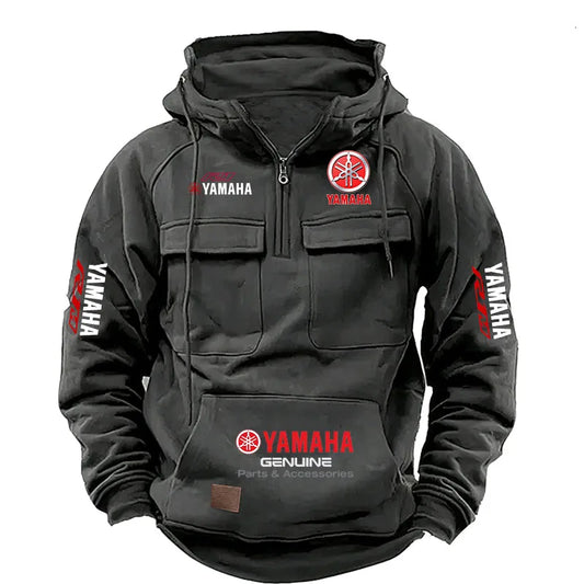 2026 New YAMAHA logo  Motorcycle Racing Race Retro Velvet Half Zipper Hoodie Men's Multi Pocket Autumn/Winter Casual Sweatshirt