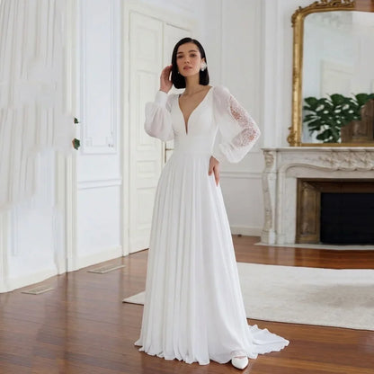 Chiffon Boho Wedding Dress 2026 Applique Backless Puff Sleeve A Line Ivory vestido de novia civil Customized Bridal Gowns