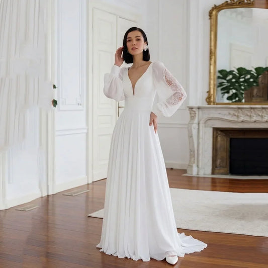 Chiffon Boho Wedding Dress 2026 Applique Backless Puff Sleeve A Line Ivory vestido de novia civil Customized Bridal Gowns
