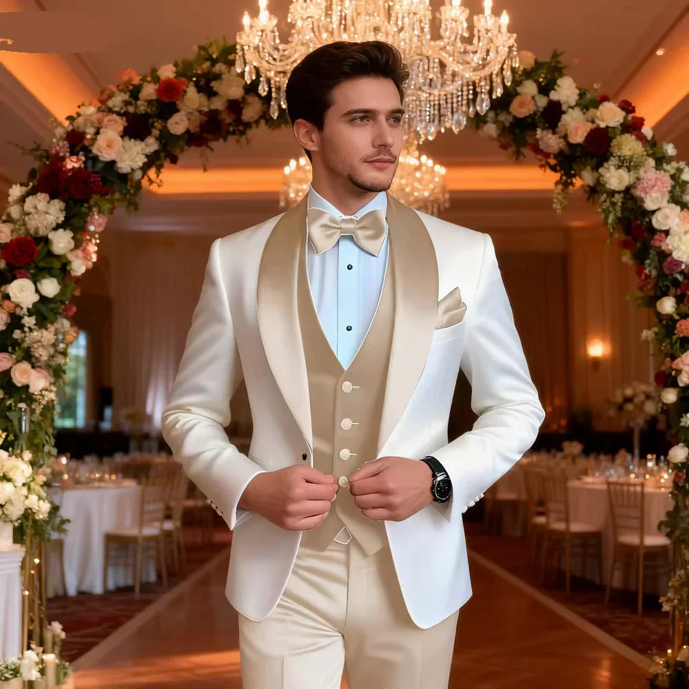 Solid Color Slim Fit Men's Tuxedo 3-Piece Set Fashion Business Wedding Suit with Shawl Lapel Blazer Vest Pants for Groom Party