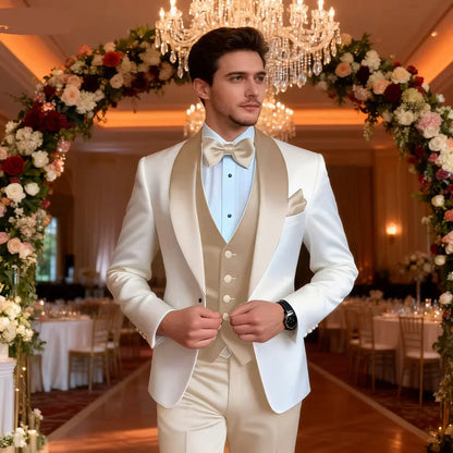 Solid Color Slim Fit Men's Tuxedo 3-Piece Set Fashion Business Wedding Suit with Shawl Lapel Blazer Vest Pants for Groom Party