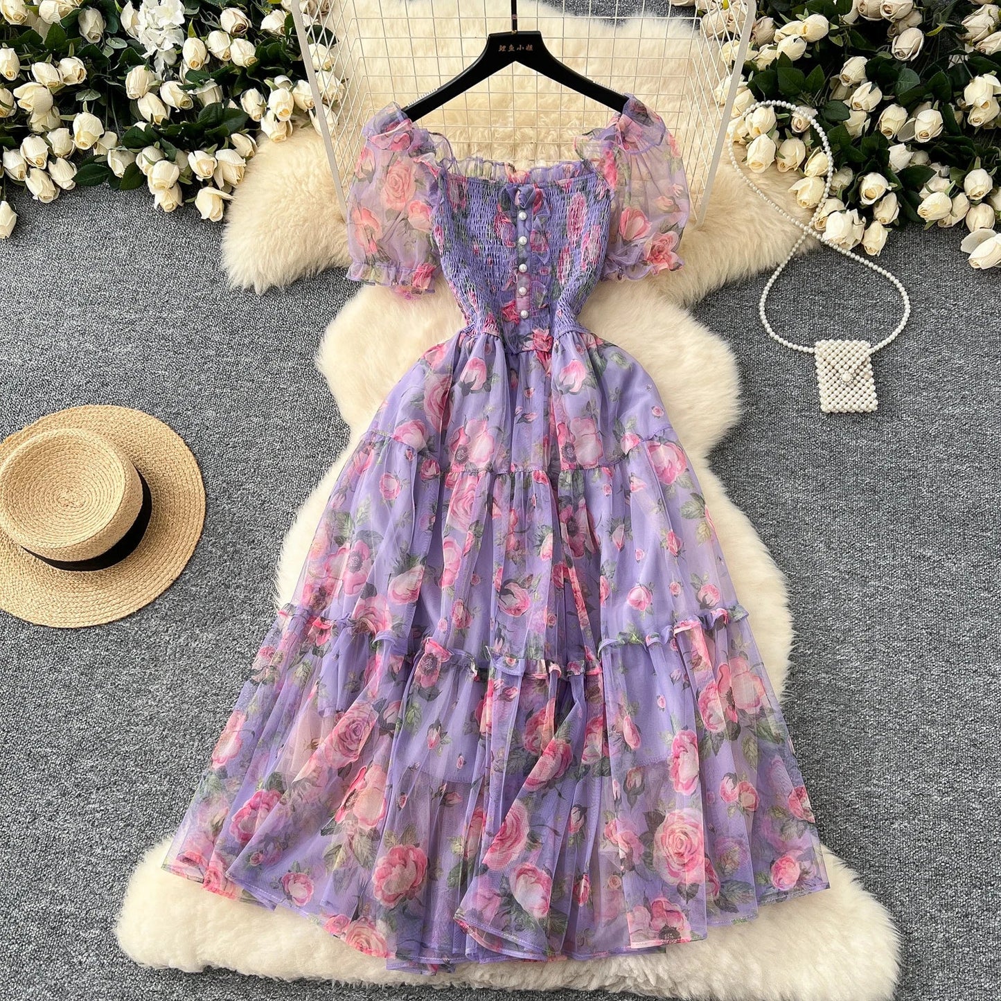 Retro Floral Chiffon Dr Women's Waist Cinched Bubble Sve Me Skirt Tea Break Gentle Soft Sle Korean High Waist A-Lin...