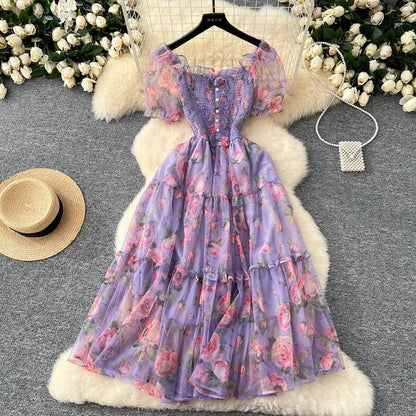 Retro Floral Chiffon Dr Women's Waist Cinched Bubble Sve Me Skirt Tea Break Gentle Soft Sle Korean High Waist A-Lin...