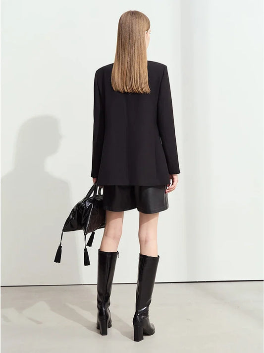 Minimalism Women's Blazers 2025 Autumn New Lapel Collar Shoulder Pad Fashion Slit Mid-length Basic Female Jackets 12443096