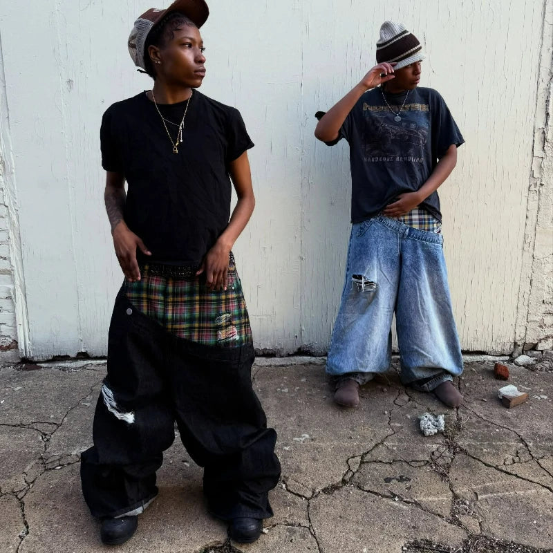 Y2k Slanted Runway Baggy Jeans Retro Plaid Patchwork Men Women Wide Leg Pants American Hip Hop Streetwear Unisex Casual Jeans