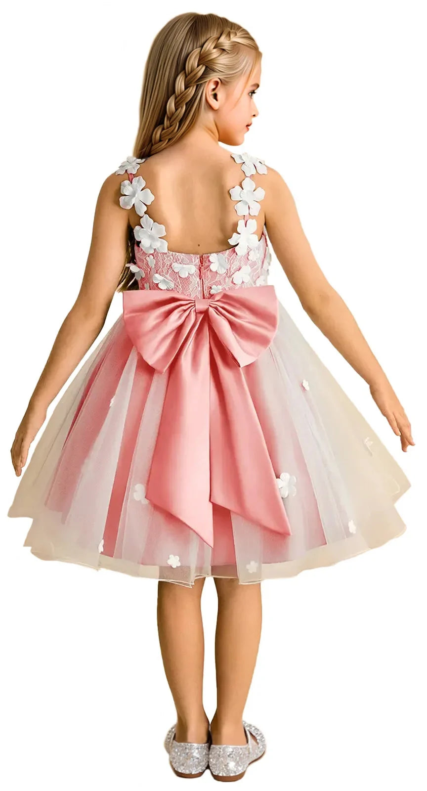 Snvdzo Princess Girls Lace Flower Girl Dress 3D Floral Sleeveless Tulle Princess Wedding Pageant Party Dresses 2026 with Big Bow