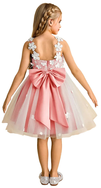 Snvdzo Princess Girls Lace Flower Girl Dress 3D Floral Sleeveless Tulle Princess Wedding Pageant Party Dresses 2026 with Big Bow