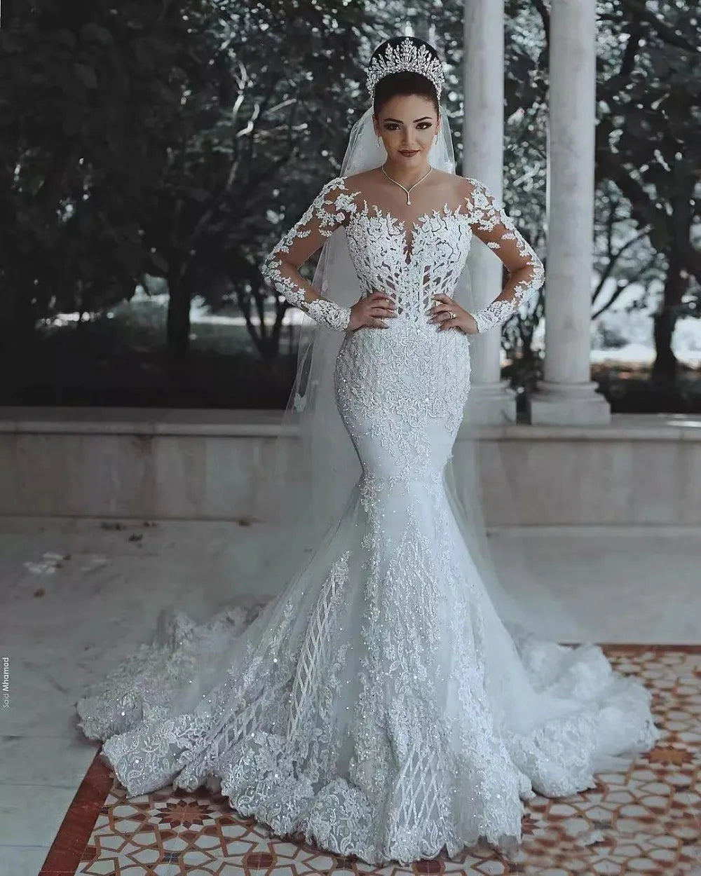 Sexy Mermaid Wedding Dresses Long Sleeves 2023 New Lace Illusion See Through Back Lace Bride Dresses Court Wedding Gowns Luxury