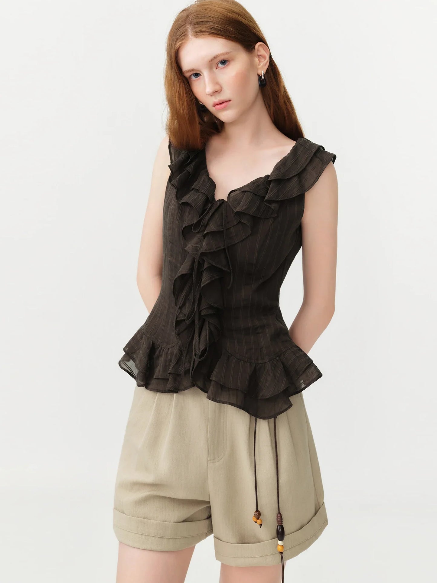 Retro Ruffled Tie-Waist Sleeveless Fitted Waist Shirt Women's 2026 Summer New Top Korean Style Sweet Girls Silk