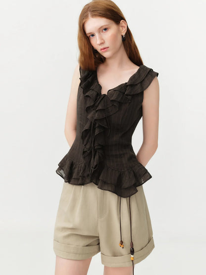 Retro Ruffled Tie-Waist Sleeveless Fitted Waist Shirt Women's 2026 Summer New Top Korean Style Sweet Girls Silk