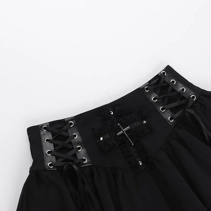 Punk Cross Patchwork Pleated Skirts Mall Gothic Techwear Bottoms Grunge Aesthetic Women Bandage Mini Skirt Alt Clothes