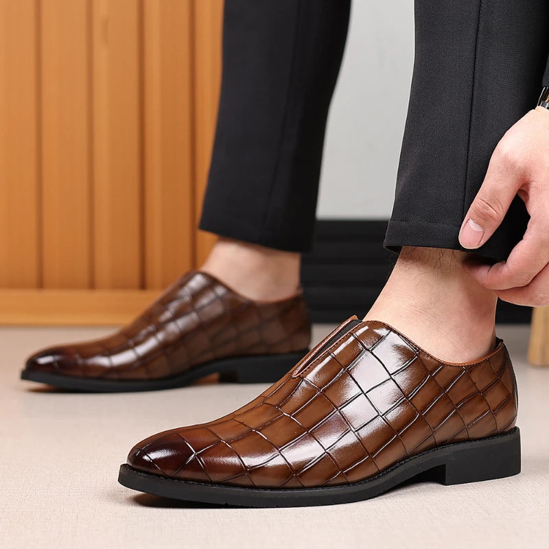 Mens Classic Temperament Brown Crocodile Embossed Leather Loafers Slip On Formal Dress Shoes For Business Office And Casual Wear