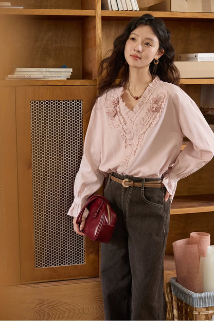 Hand Sewn Rose Blouse for Women Autumn 2025 V-neck  Edible Tree Fungus Edge Tops Sweet Lantern Sleeves Blouses MXE44X2470