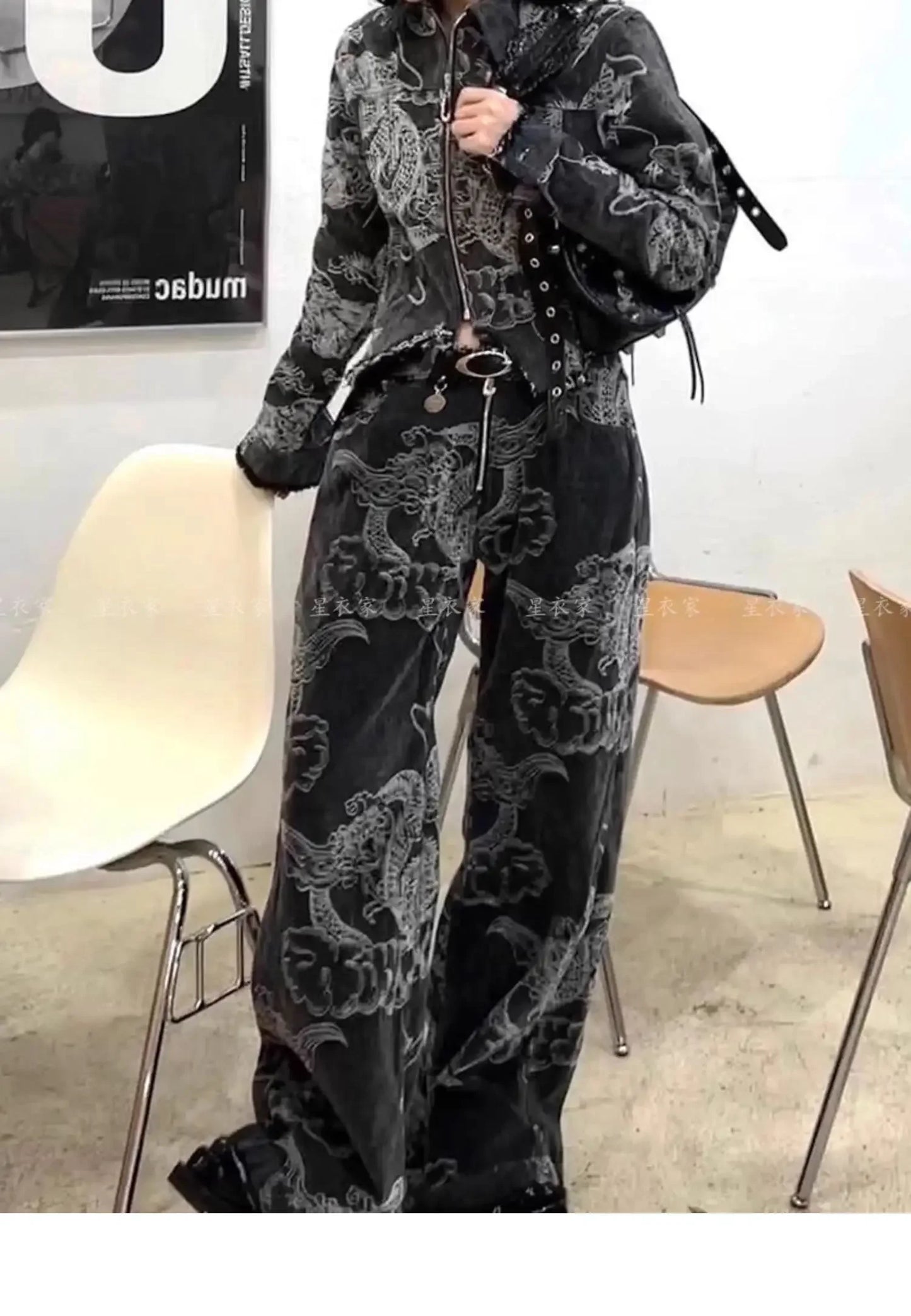 Y2K Baggy Dragon Print Denim Trouser Women's Washed Vintage Casual Emo Pants Grunge Street Retro High Waist Loong Trashy Jeans
