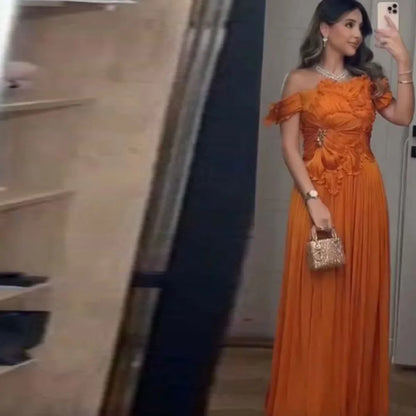 Orange Evening Dress Off The Shoulder Pleat A Line Sexy Prom Formal Party Dress Thigh Slit Floor Length Evening Gown Customized